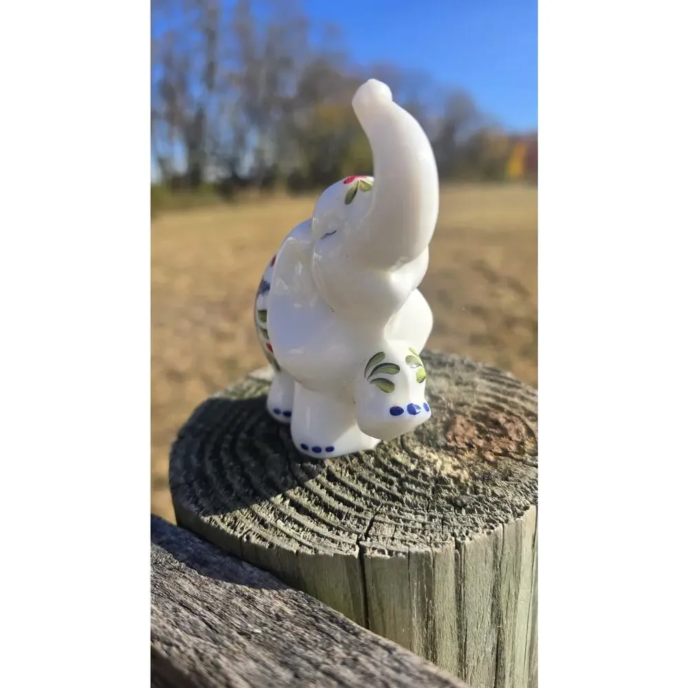 Fenton Glass Hand Painted Elephant Figure K Brightbill Hearts Flowers Blue White